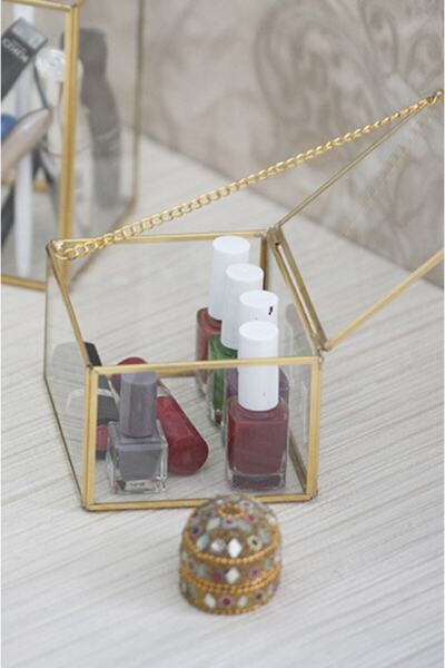 Ahşap Fikir صندوق زجاجي للمكياج باللون الذهبي - منظم حامل القلم