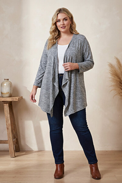 Stil Diva Plus Size Non-Closing Front Long Sleeve Asymmetrical Cut Thin Cardigan 303637