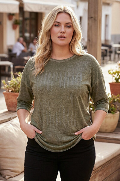 Stil Diva Plus Size Half Sleeve Crew Neck Stone Embroidered T-Shirt 173260