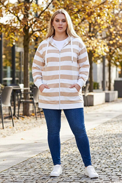Stil Diva Long Sleeve Striped Hooded Oversize Sweatshirt - Zippered302937