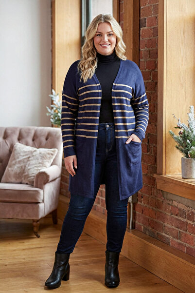 Stil Diva Plus Size Buttonless Long Sleeve Metalic Striped Cardigan302792