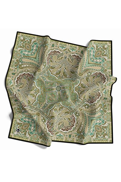 VİOLLA Kristal Şal Desenli Zümrüt Yeşili - Haki Renkli 90x90 Eşarp (İpek İçermez) Kenar Dikiş Şekli El Diki
