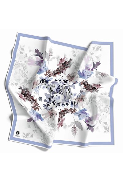 VİOLLA Kristal Sonbahar Yaprak Desenli Bebe Mavisi Renkli 90x90 Eşarp (İpek İçermez) Kenar Dikiş Şekli El D