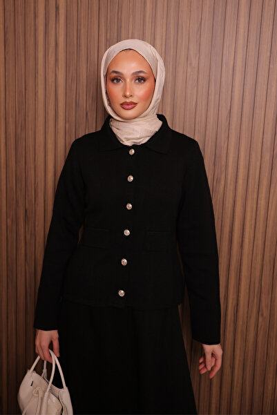 Mogi Butik Women's Tight Knit Polo Neck Cardigan with Skirt Hijab Knitwear Set 3137