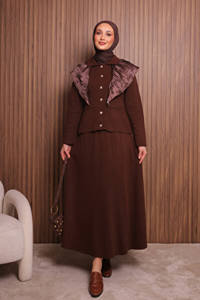 Mogi Butik Women's Tight Knit Polo Neck Cardigan with Skirt Hijab Knitwear Set 3137