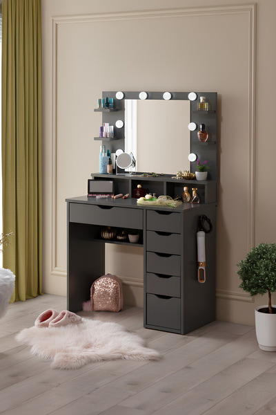 benim odam Diva Hollywood Led Işıklı Aynalı Raflı 6 Çekmeceli Kulis Makyaj Ma...