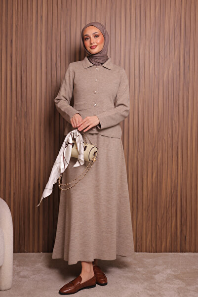 Mogi Butik Women's Tight Knit Polo Neck Cardigan with Skirt Hijab Knitwear Se...