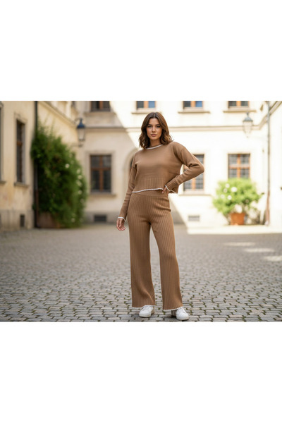 YusGos Women's Crew Neck Shepherd Stitch Knit Crop Sweater Pants Knitwear Top and Bottom Set Milky Coffee-M