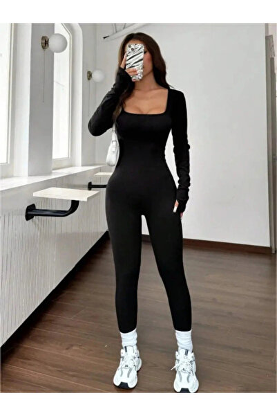 Butik Mdb Women's Long Sleeve Square Neck Zipper Finger-Through Diving Jumpsuit
