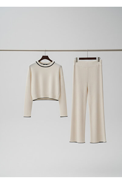 YusGos Women's Crew Neck Shepherd Stitch Knit Crop Sweater Pants Knitwear Top and Bottom Set Cream-Xs