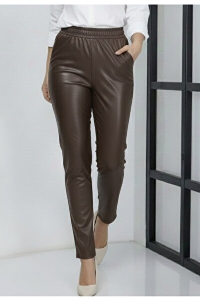 Hb Harma Time Butik Women's Brown Leather Trousers with Elastic Waist and Pockets