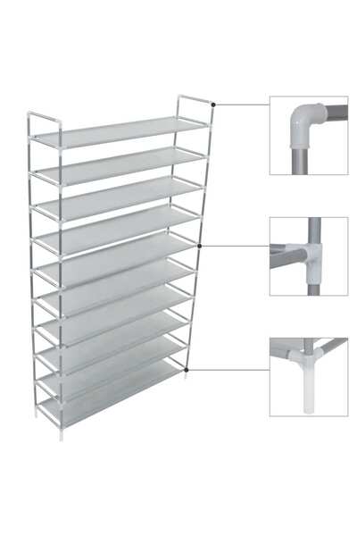 vidaxl رف أحذية مكون من 10 رفوف مصنوع من المعدن والقماش غير المنسوج باللون الفضي