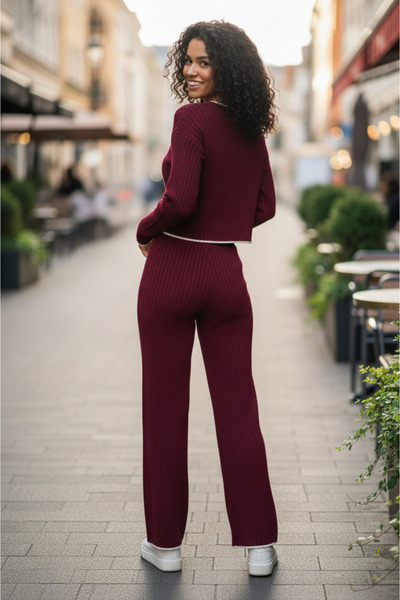 YusGos Women's Crew Neck Shepherd Stitch Knit Crop Sweater Pants Knitwear Top and Bottom Set Burgundy-Xs