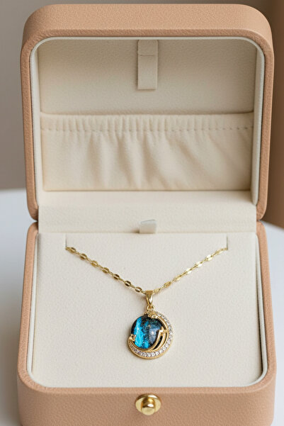 Birmem Altın Renk Singapur Zincir Mavi Zirkon Taşlı Gezegen Kolye 316L Kararm...