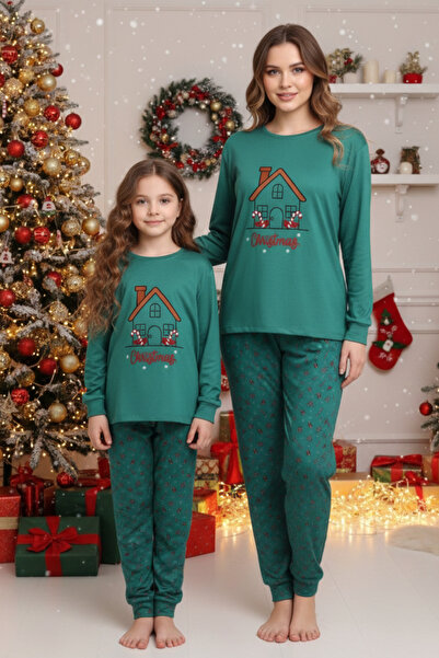 ELİTOL Thermal Christmas House Embroidered Mother-Daughter Pajama Set