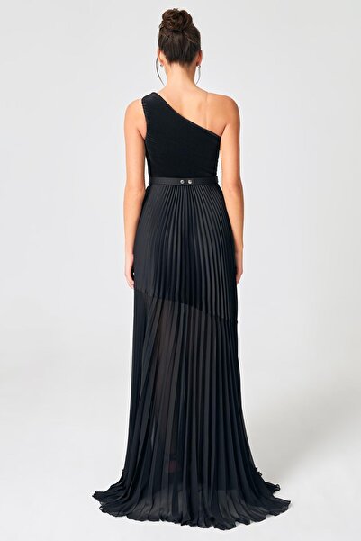 Setre Black One Shoulder Evening Dress with Belt and Transparent Detail at the Waist and Skirt