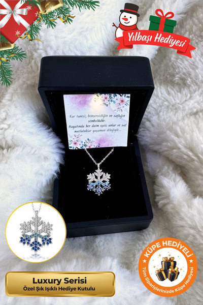 Lucente Jewellery Yılbaşına Özel Işıklı Hediye Kutulu Kar Tanesi 925 Ayar Gümüş Kaplama Yılbaşı Hediyesi Kadın Kolye