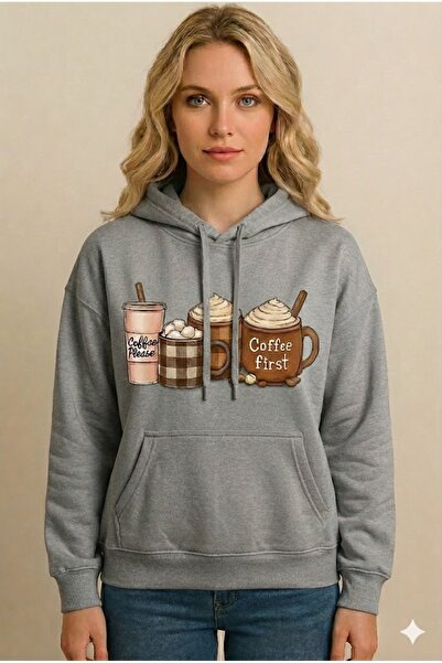 Trendy Sun Women's Four Coffee Cups Print Patterned Hooded Sweatshirt – Long ...
