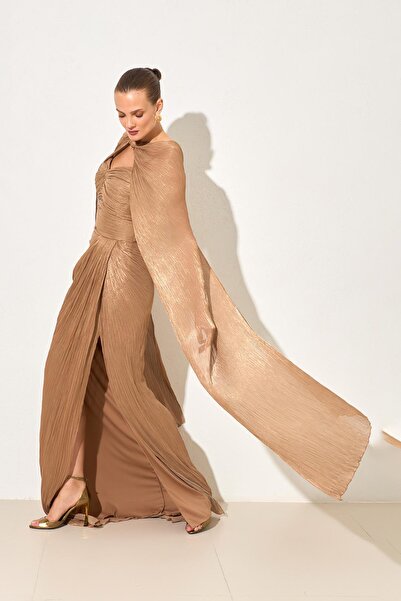 Setre Dark Gold Cape and Drape Detailed Wide Fit Evening Dress