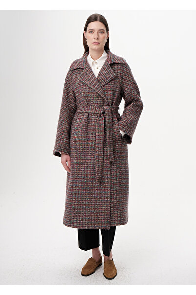 Exquise Uzun Kollu Cepli Kuşaklı Midi Regular Dokuma Kaban