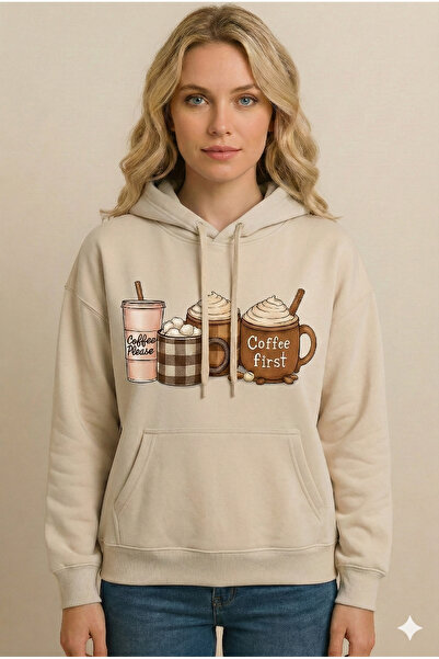 Trendy Sun Women's Four Coffee Cups Print Patterned Hooded Sweatshirt – Long ...