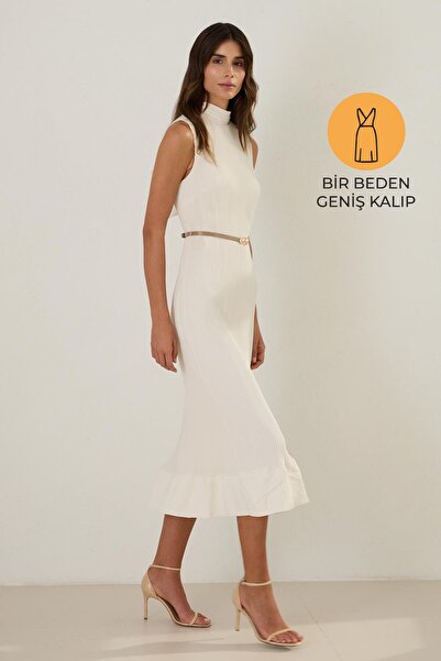 Setre Κρεμ γιακά με πλισέ έτοιμη ζώνη με λεπτομέρεια αμάνικο μίντι φόρεμα