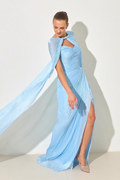 Setre Blue Cape and Drape Detailed Wide Fit Evening Dress