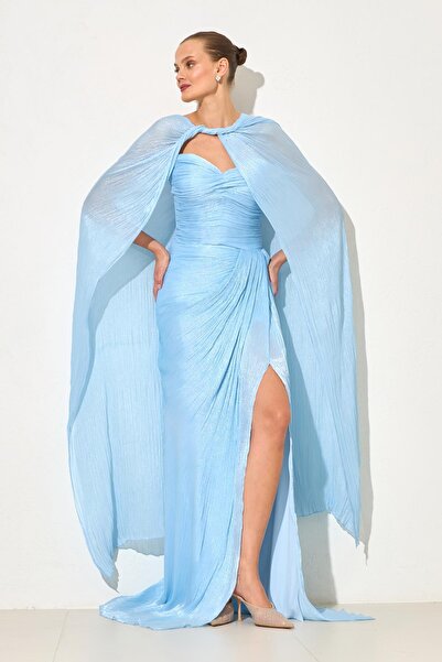 Setre Blue Cape and Drape Detailed Wide Fit Evening Dress
