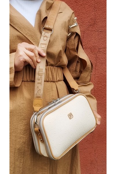 Just Polo Women's Cream Camel 5 Compartment Adjustable Long Strap Shoulder Bag.