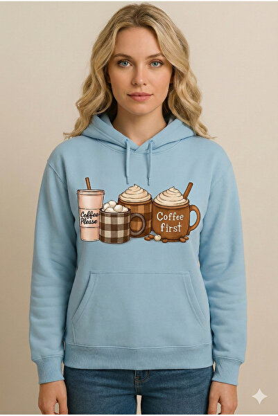 Trendy Sun Women's Four Coffee Cups Print Patterned Hooded Sweatshirt – Long ...