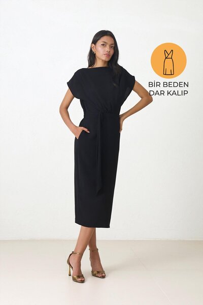 Setre Rochie neagră cu detaliu de legare în talie, cu detaliu de guler, lungime midi, model slim