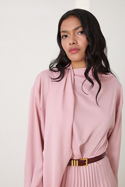 Setre Powder Belt Detailed Pleated Long Sleeve Midi Dress