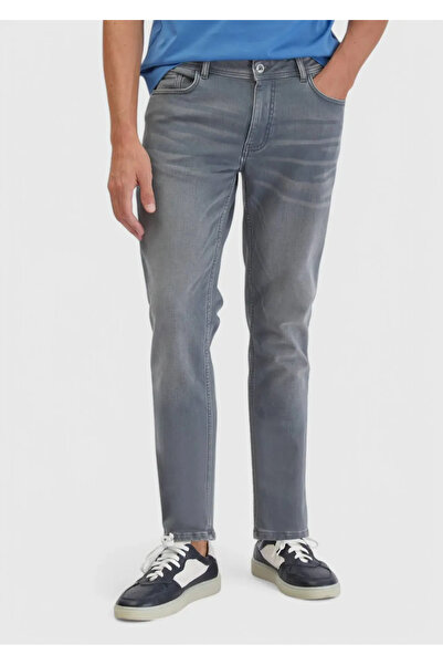 Ramsey Gray Straight Slim Fit Denim Cotton Blended Trousers
