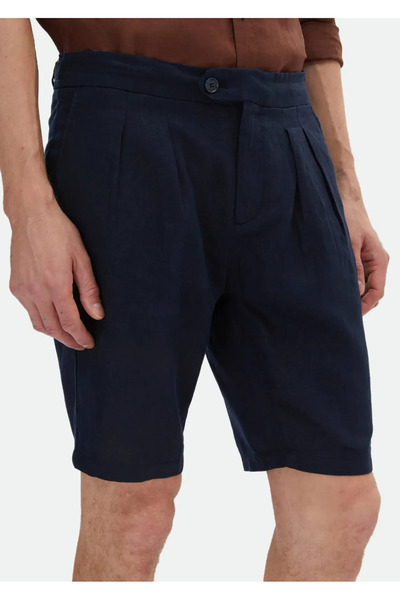 Ramsey Navy Blue Casual Linen Bermuda - Plain Woven Carrot Fit
