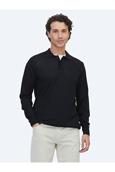 Kip Siyah Polo Yaka Jakarlı Yün Karışımlı Triko Kazak
