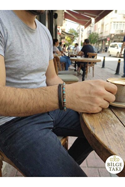Bilge Takı Natural Stone and Leather Bracelet Combination, Turquoise Detailed...