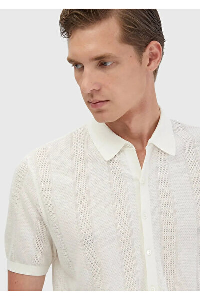 Ramsey Ecru Polo Neck Jacquard Linen Blended Cardigan