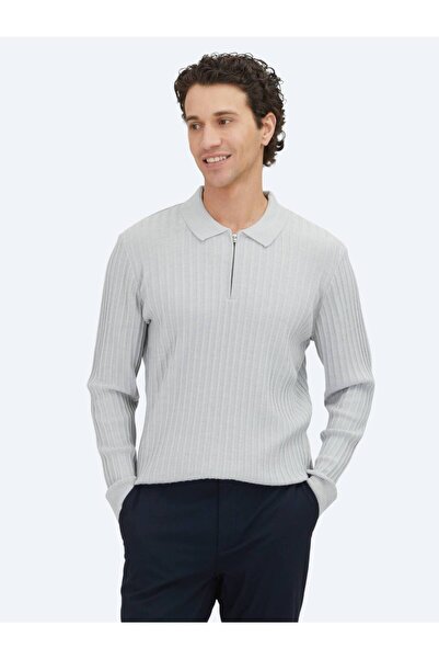 Kip Light Gray Polo Neck Jacquard Wool Blend Knitwear Sweater