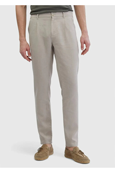 Ramsey Beige Plain Woven Jogging Fit Casual 100% Linen Trousers