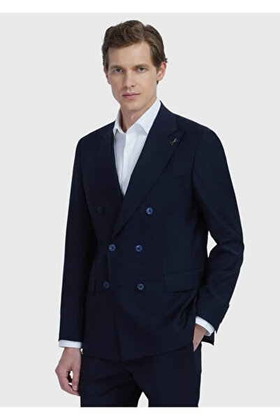 Ramsey Navy Blue Plain Zeroweight Slim Fit Wool Blended Suit