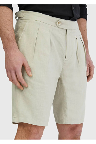 Ramsey Sand Plain Woven Carrot Fit Casual 100% Linen Bermuda