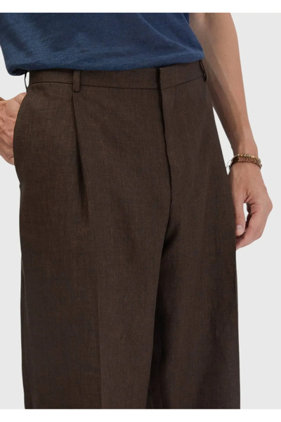 Ramsey Brown Plain Fabric Regular Fit Casual 100% Linen Trousers