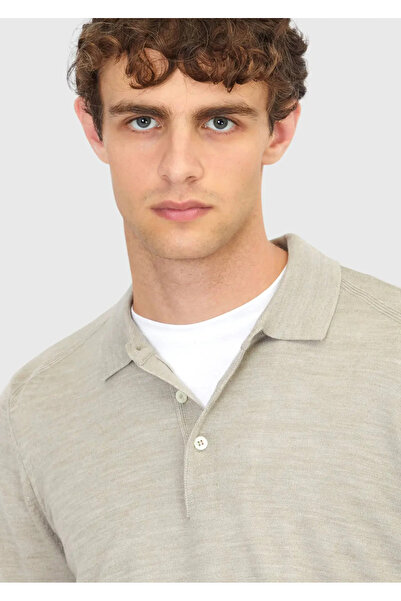 Ramsey Stone Polo Neck Plain Knit Wool Blend Sweater