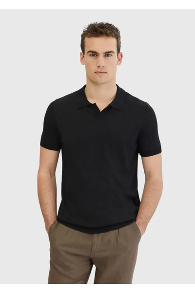 Ramsey Siyah Polo Yaka Düz Örgü Triko