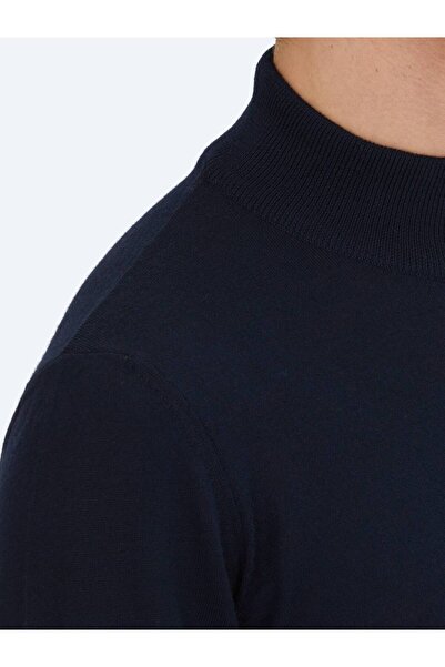 Kip Navy Blue Half Turtleneck Jacquard Wool Blended Sweater