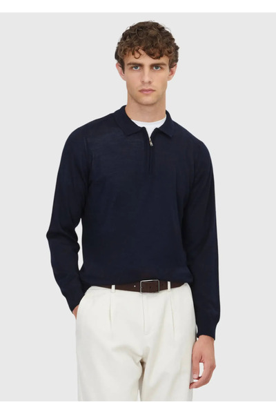 Ramsey Pulover tricot din amestec de lână cu guler polo bleumarin