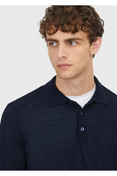 Ramsey Navy Blue Polo Neck Plain Knit Wool Blended Sweater