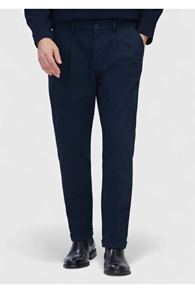 Ramsey Navy Blue Plain Woven Regular Fit Casual Cotton Blended Trousers