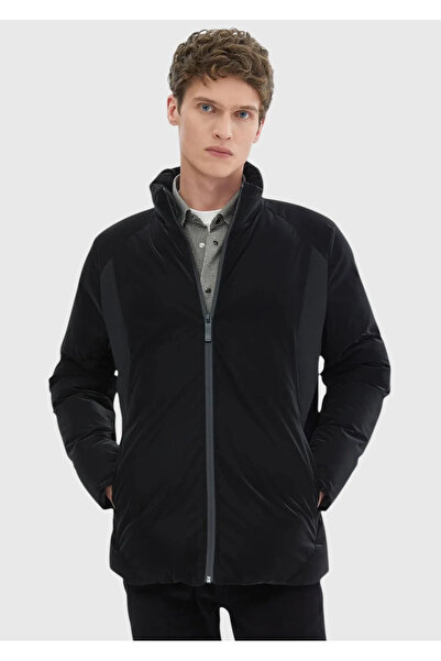 Ramsey Black Regular Fit Stand Collar Casual Woven Coat