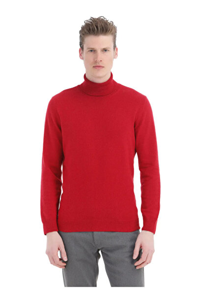 Ramsey Red Full Turtleneck Jacquard Wool Blended Sweater